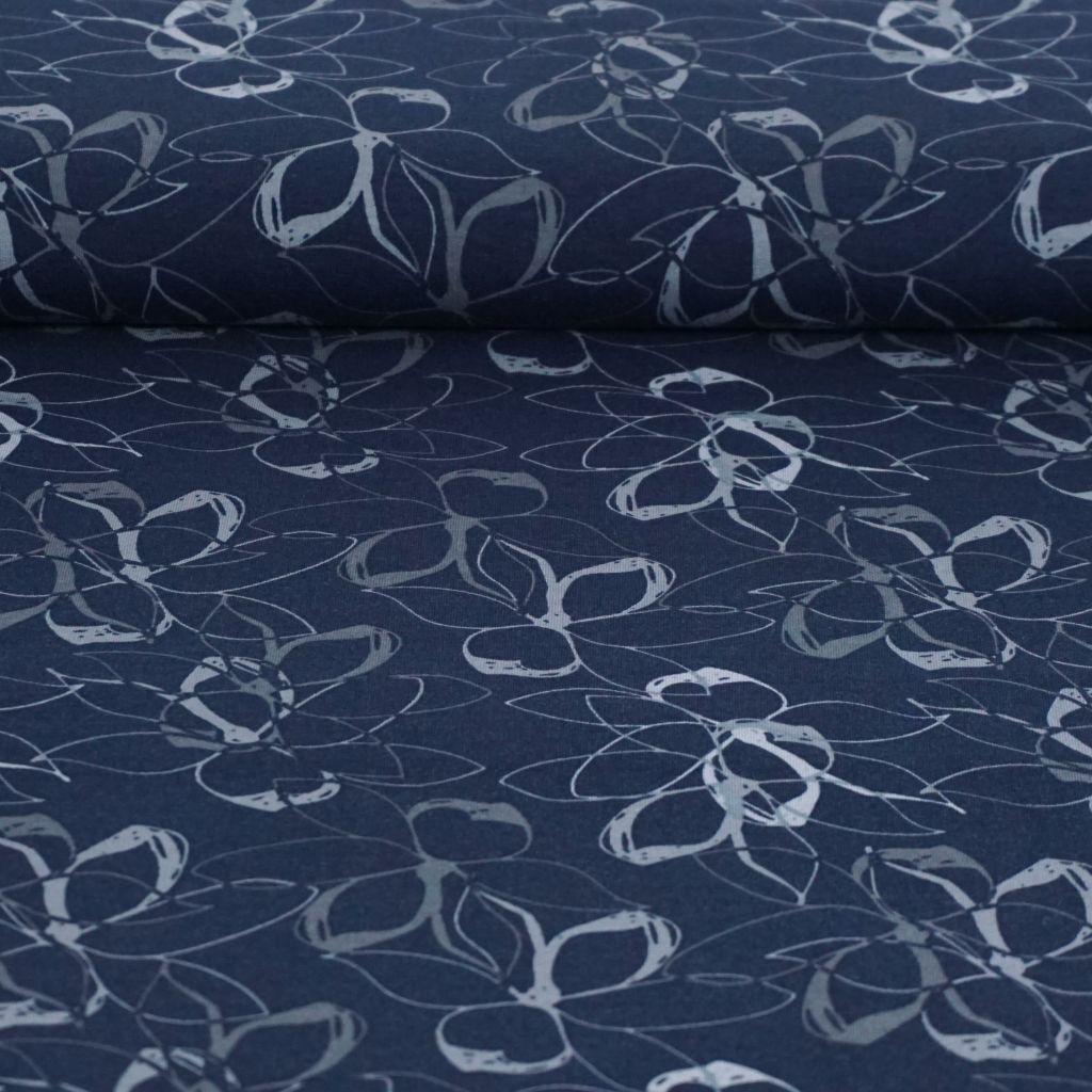 Stretch-Sweat Blütenzeichnung auf dunkelblau